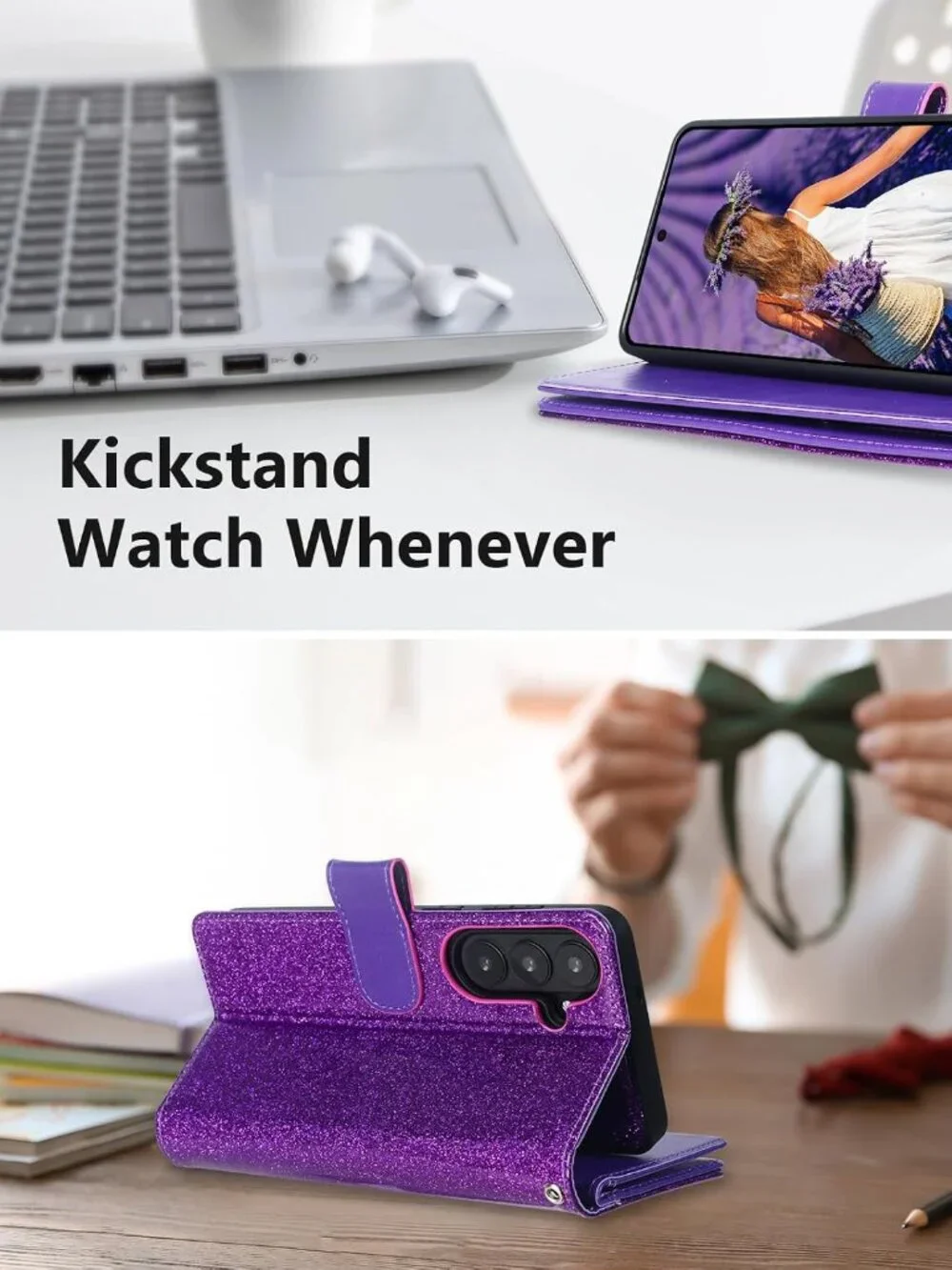 Samsung Galaxy S26 Wallet Case RFID Detachable Card Holder Glitter Purple Cover